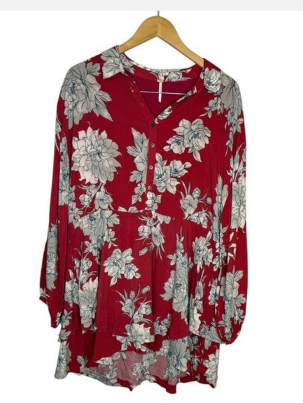 FREE PEOPLE Shake It Boho Gypsy Mini Dress Tunic Pockets Red Floral  EUC Small - Picture 3 of 5